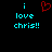 Pixelated cyan text reads 'i love chris!!' with a red heart symbol above the first 'i', displayed on black background.