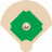 Animated baseball-themed buddy icon showing a home run sequence with green diamond base paths, beige dirt areas, and orange "HOME RUN" text appearing in scattered fragments across frames.