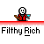 Animated contact sheet showing 11 frames of a pixel art character in red attire holding a brown stick and blue glass, with repeated text "Filthy Rich" below each frame on gray background.