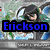 Pixelated anime-style character with dark hair and blue clothing, holding a sword, standing in a green and blue background with text overlays.