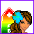 A 4x3 contact sheet of animated AIM buddy icon frames showing a cartoon woman with brown hair, blue flower accessory, and beach-themed elements including swimsuit legs, text overlays, and a red lip graphic.
