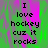 Green and purple pixelated background with black text reading "I love hockey cuz it rocks" in four identical