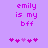 Purple background with pink pixelated text 'emily is my bff' and five heart symbols below, where the third heart changes color between frames.