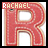A red letter R with white dots and a beige outline, above the name 'RACHAEL' in pixelated text.