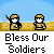 Animated contact sheet showing 12 frames of a pixel art icon with soldiers and fireworks, each frame labeled "Bless Our Soldiers" on gray background.