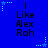 Blue background with repeated text "I Like Alex Roh" and light blue star-shaped pixel clusters at corners.