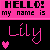 Pixelated graphic with pink and black text reading "HELLO! my name is Lily" on a split background, featuring two heart symbols.