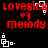 Red pixelated text 'lovesick' and 'melody' with a heart symbol on black background, featuring white square-and-dot animation elements.