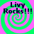 Four identical display 'Livvy Rocks!!!' text over green and pink spiral backgrounds with pixelated lettering