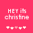 Pixelated text 'HEY its christine' on bright pink background with five heart symbols below, two versions show different heart animation states.