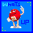 Animated pixel art of a red candy character with arms raised, standing on blue background with 'WHATS UP' text.