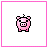 Pixelated pink piggy bank with black outline and small tail, positioned on white background within pink border.