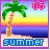 Pixelated beach scene with palm tree, ocean, sunset sky, and 'SUMMER' text on sand.