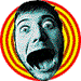 Two identical pixelated faces with wide eyes and open mouths, each surrounded by alternating red and yellow concentric circles on a white background.