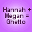 Four identical pixelated text icons on purple backgrounds with white gradients, each displaying 'Hannah + Megan = Ghetto' in dark brown font.