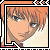 Pixelated anime-style portrait of a person with light brown hair and blue eyes, framed by a decorative border with orange and black elements.