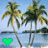 Animated contact sheet showing two tropical beach scenes with palm trees and a heart symbol changing color between frames.