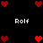 Pixelated red hearts and white text 'Rolf' on a black background, arranged in a pattern with heart clusters at corners and center
