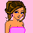 Pixel art icon of a woman with brown hair in an updo wearing a pink strapless dress and earrings, next to text reading "such a... Babe!! <3" on a light pink background.