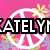 A pink background with a white peace symbol, yellow flowers, and blue-green foliage; the text 'KATELYN' appears partially in black and white.