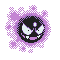 Pixelated circular icon with purple halftone border, black face, white eyes, and sharp teeth in multiple expressions.