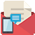 Pixelated icon shows red envelope with white paper, smartphone, and blue speech bubble with horizontal lines.