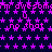 Pixelated animation with repeating text and star patterns on a dark background, featuring shifting phrases and color variations.