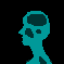 Pixelated head silhouette in profile view with teal and green color variations, showing sequential animation frames of the head turning left to right against black background.