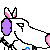 Pixel art Easter-themed buddy icon featuring two white cartoon rabbits with purple ears and pink accents, one holding a basket of blue eggs on a gray platform.