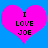 Two identical pink hearts on blue background with black text reading I LOVE JOE inside each heart.