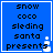 Blue square icon with white border containing black pixelated text 'snow coco sledding santa presents' and a small white snowflake-like symbol on the right.
