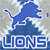 Static pixelated icon featuring a blue lion mascot leaping over the word "LIONS" in bold block letters, set against a light gray background with white highlights.