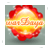 A pixelated circular icon with red and yellow gradient, featuring a central white highlight and a horizontal band of orange text across the middle.
