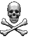 A grayscale 3D-rendered skull and crossbones icon with multiple views showing rotation from front to side angles.