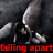 Pixelated image of a metallic object with curved shapes against dark background, red text at bottom reads 'falling apart'.