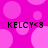 A static image with a bright pink background featuring lighter pink circles, displaying four identical text labels reading "KELCY<9" in black pixelated font.