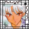 Pixelated anime-style character with silver hair and red eyes, wearing a white shirt with purple accents, displayed in a