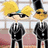 Pixelated static image of two figures in formal attire with yellow hair, one wearing a top hat and the other a blue headband, against a grid-patterned background.