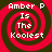 Four identical pixelated spiral icons with red and dark brown stripes, each displaying white text reading "Amber P Is The Koollest" on a solid red background.