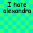 Green and cyan checkered background with four identical text blocks reading "I hate alexandra" in black pixelated font.