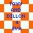 Blue pixelated text on orange-and-white checkered background with diamond-shaped pattern variations.