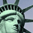 Static split-screen image with Statue of Liberty head on left and green pixelated text 'whta a mon' on pink background right.