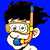 Pixelated character with dark hair and glasses, wearing a white shirt against blue background.