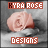 A static image of a light pink rose with layered petals, set against a gray background. Above the rose is red text reading "HYRA ROSE" and below it is orange text reading "DESIGNS." The rose appears slightly pixelated.
