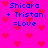 Pixelated pink background with red hearts and blue text reading "Shicara + Tristan =Love" in four identical sections.