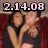 Two people in dark clothing pose closely together on a red couch with a light-colored wall behind them, with pink text '2.14.08' at the top left.