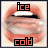 Animated sequence of a mouth with ice cubes, displaying text 'ice' above and 'cold' below in varying color states.