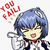Pixelated anime-style character with blue hair and glasses holding a cup, next to a potato labeled 'kim', grapes labeled 'alex', and three dots.