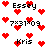 Pixelated red hearts float around black text reading 'Essay', 'Kris', and '7x31x09' on a white background.