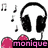 Pixelated icon shows black over-ear headphones with pink circular accents and musical notes floating left of the headset, above a black bar containing 'monique' in bright pink lowercase letters.